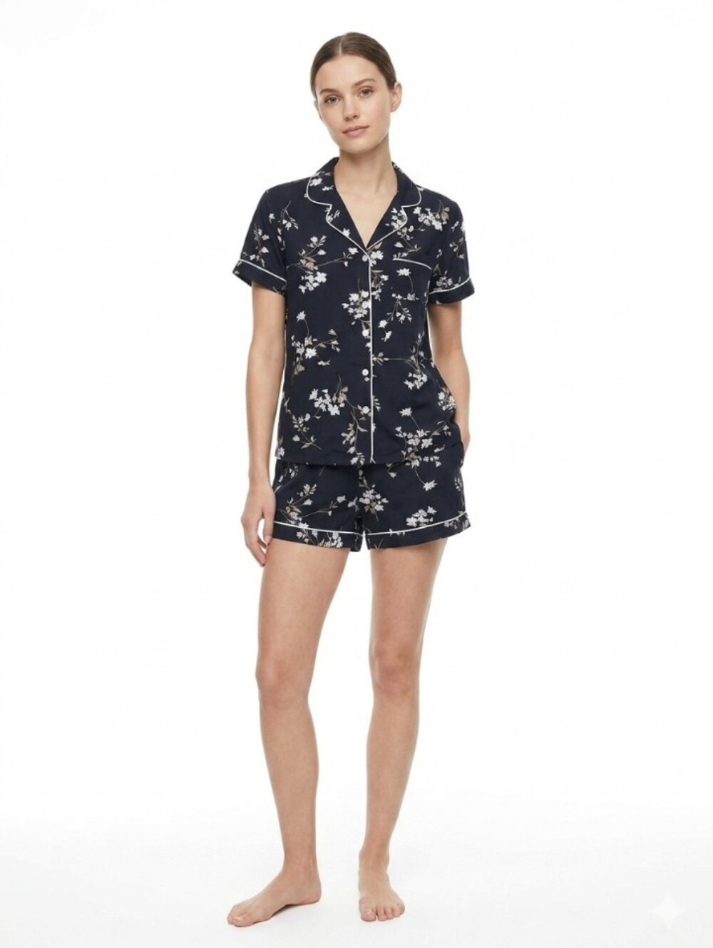 Black Floral Short Pajama Set with White Piping - Picture 1 of 11